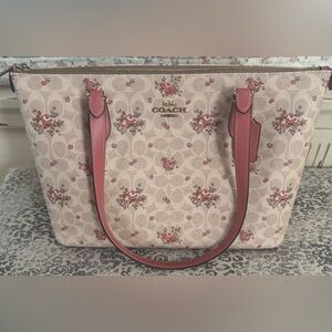Coach Cream and Pink Floral Shoulder/Tote Bag